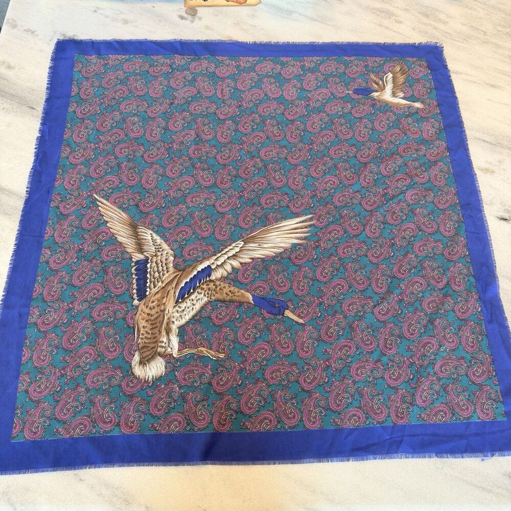 Vintage Square Scarf Duck Mallard Blue & Pink Paisley Made In Italy